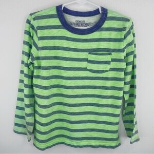 CREWCUTS Boys Kids Neon Green Long Sleeve T with Navy Lateral Stripes Size 4-5
